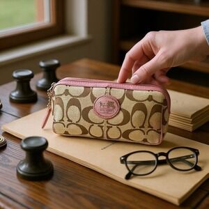 Coach Signature Canvas Cosmetic Case Pink Trim Makeup Bag